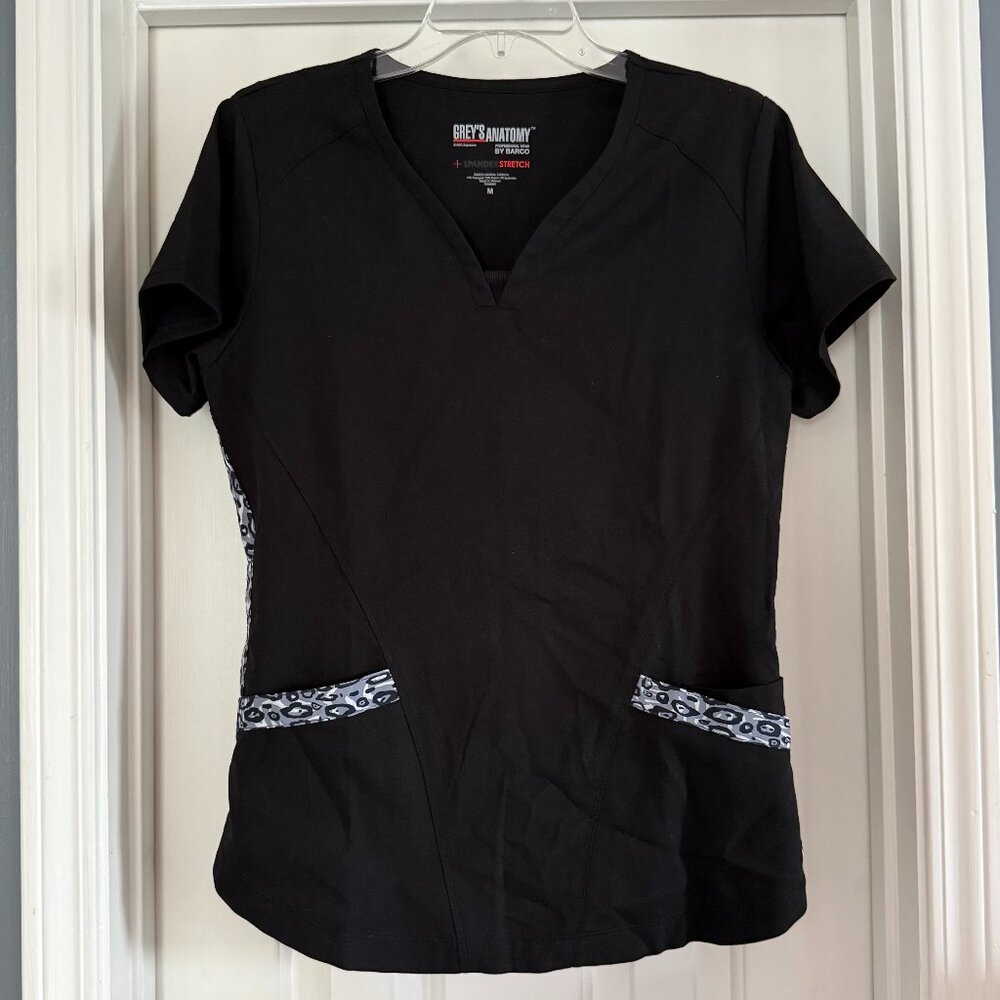 Greys Anatomy Black Scrub Top, Cheetah side print, Size M